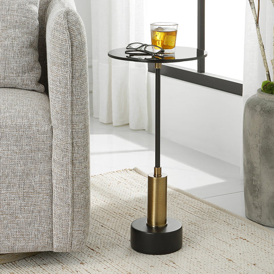 Spector Accent Table by Uttermost in satin black, brushed brass. Made from iron, glass, marble, mdf in a modern style.