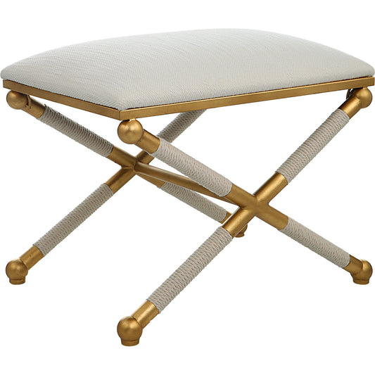 Socialite Bench by Uttermost in white and gold leaf. Made from iron, mdf, fabric, foam, yarn in a modern style.