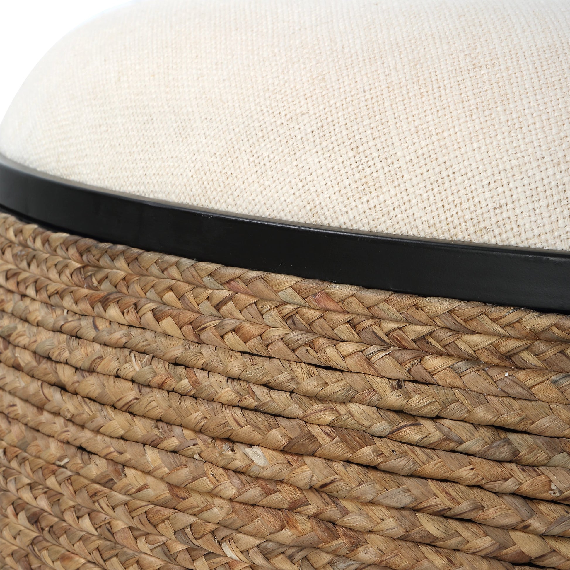 Island Ottoman by Uttermost. Made from mdf, straw, iron, fir, foam, linen, dacron in a coastal style.