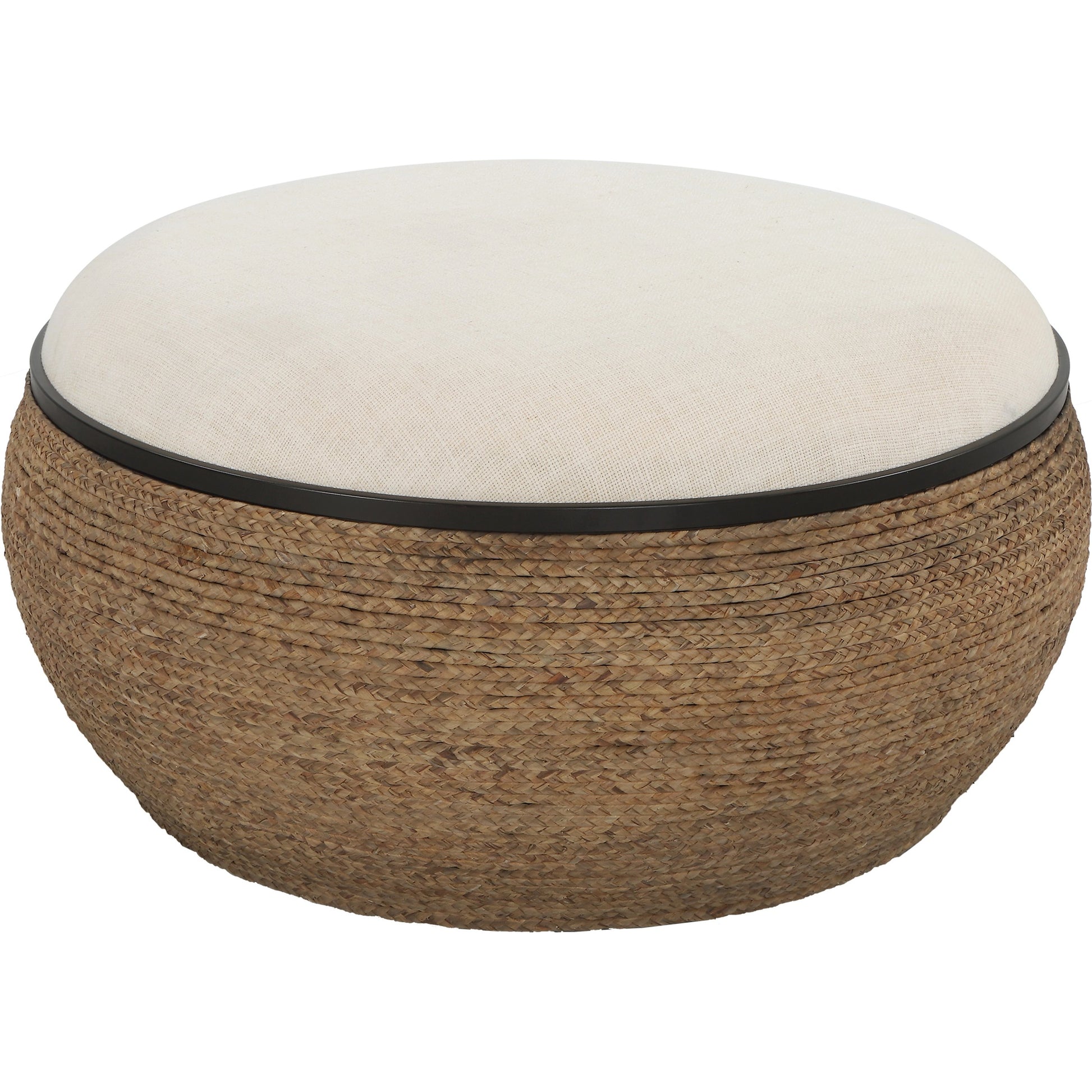 Island Ottoman by Uttermost. Made from mdf, straw, iron, fir, foam, linen, dacron in a coastal style.