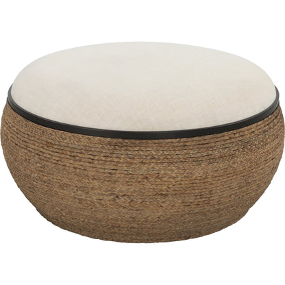 Island Ottoman by Uttermost. Made from mdf, straw, iron, fir, foam, linen, dacron in a coastal style.