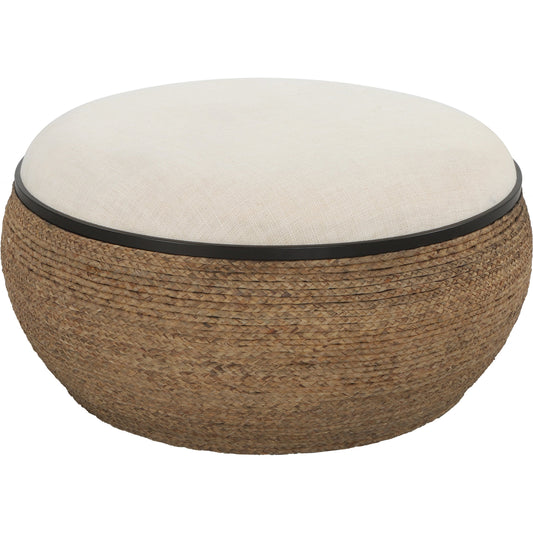 Island Ottoman by Uttermost. Made from mdf, straw, iron, fir, foam, linen, dacron in a coastal style.