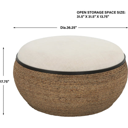 Island Ottoman by Uttermost. Made from mdf, straw, iron, fir, foam, linen, dacron in a coastal style.