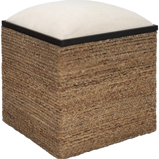 Island Square Accent Stool by Uttermost. Made from mdf, straw, iron, fir, foam, linen, dacron in a coastal style.