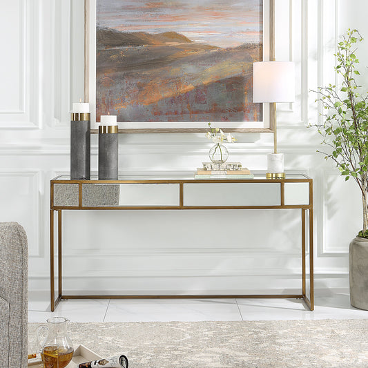 Reflect Console Table by Uttermost in brushed aged gold. Made from iron, glass, mdf in a modern style.