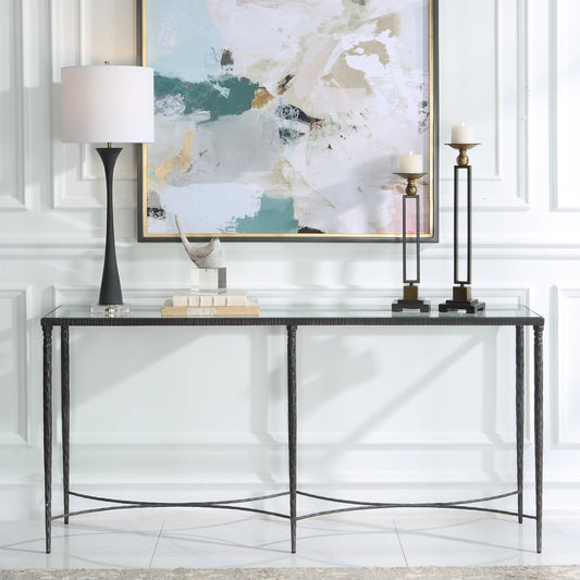 Washington Console Table by Uttermost in rustic black. Made from tempered glass, iron in a modern style.