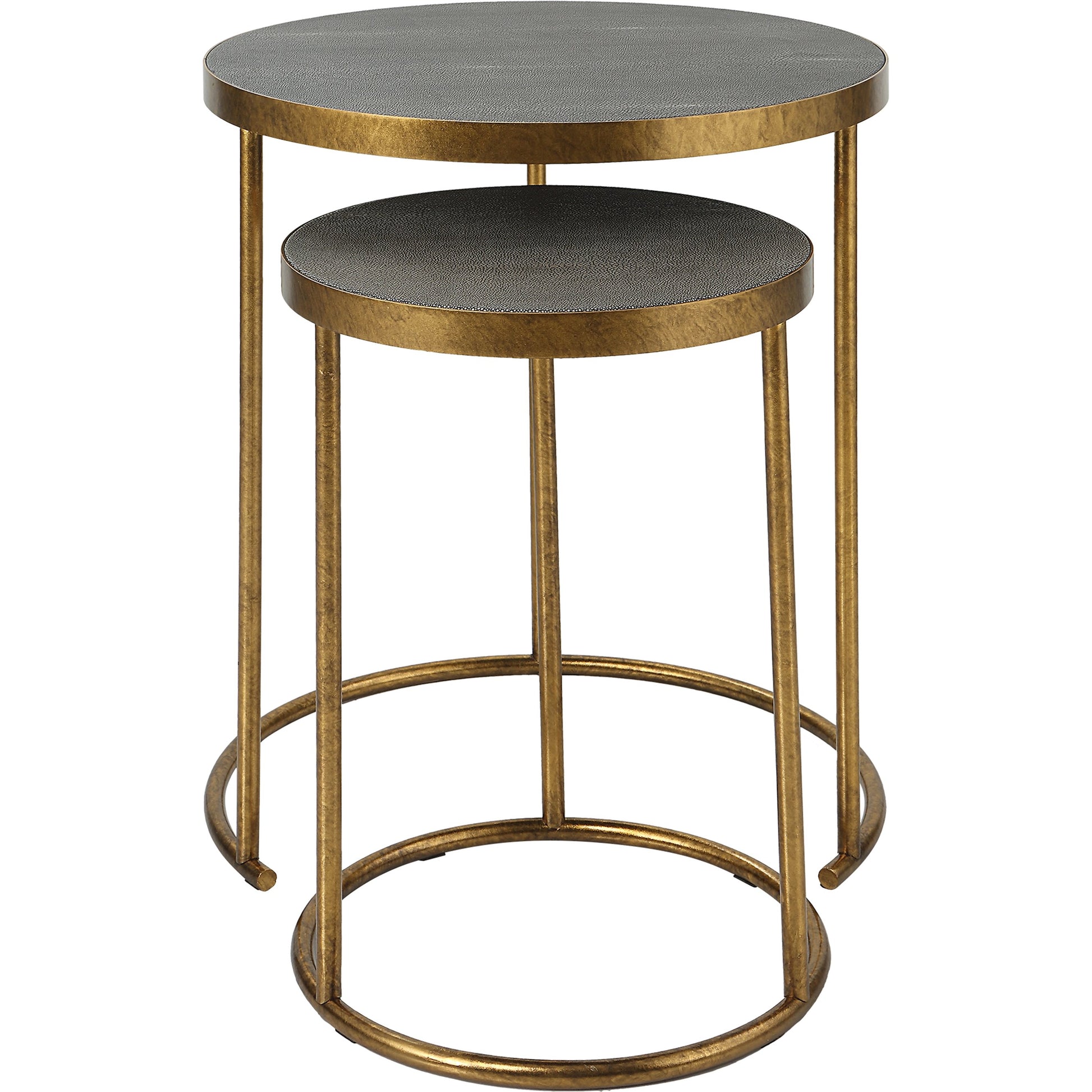 Aragon Nesting Tables by Uttermost in antique brass, gray shagreen. Made from metal, mdf, shargeen pu in a modern style.