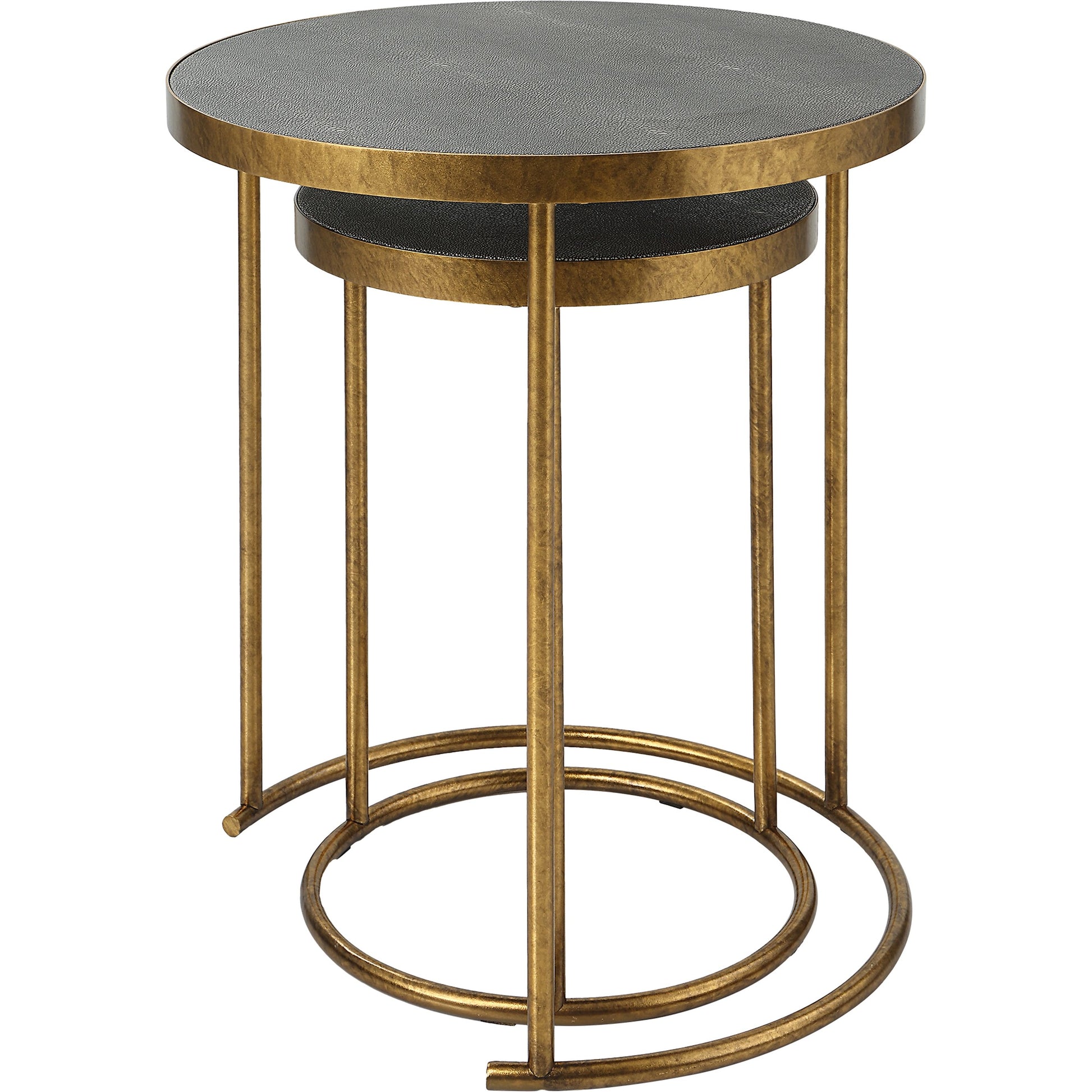 Aragon Nesting Tables by Uttermost in antique brass, gray shagreen. Made from metal, mdf, shargeen pu in a modern style.