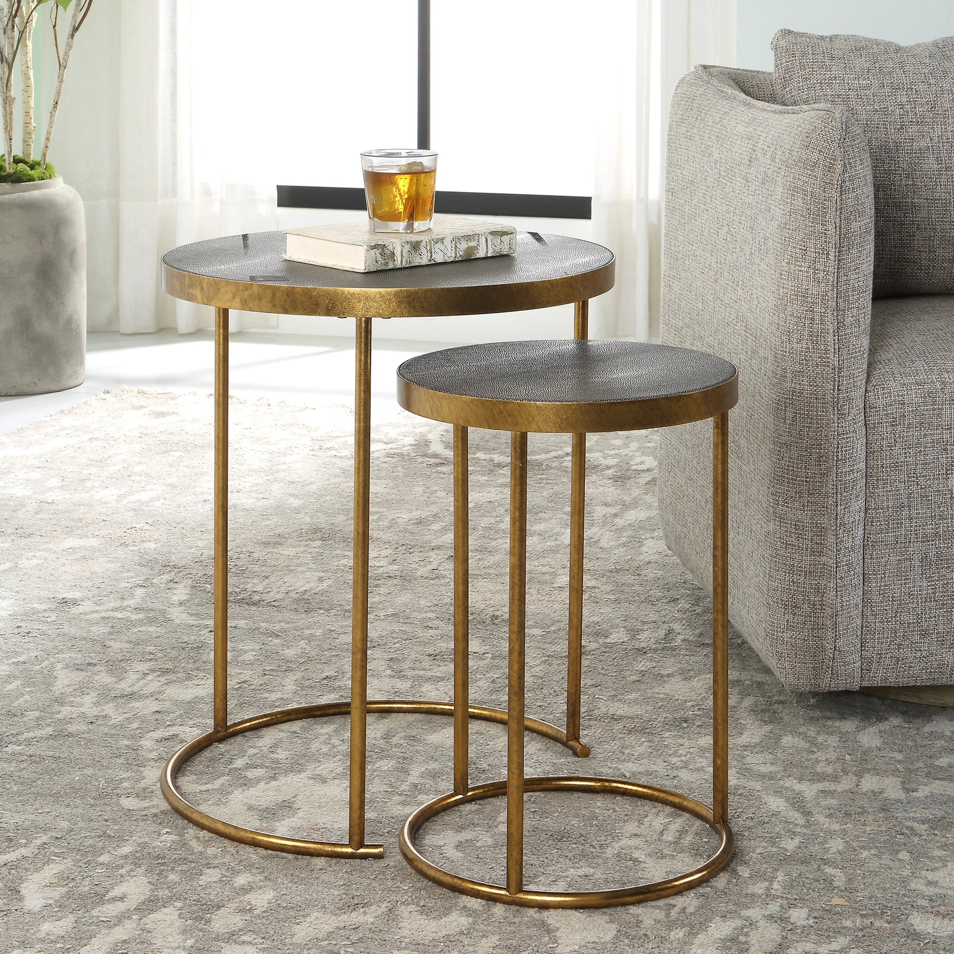Aragon Nesting Tables by Uttermost in antique brass, gray shagreen. Made from metal, mdf, shargeen pu in a modern style.