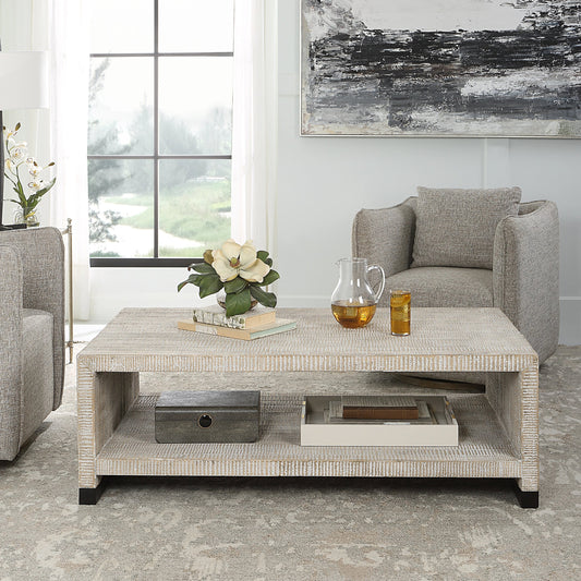 Bosk Coffee Table by Uttermost in whitewash natural. Made from pine, fir, mdf, steel in a modern style.
