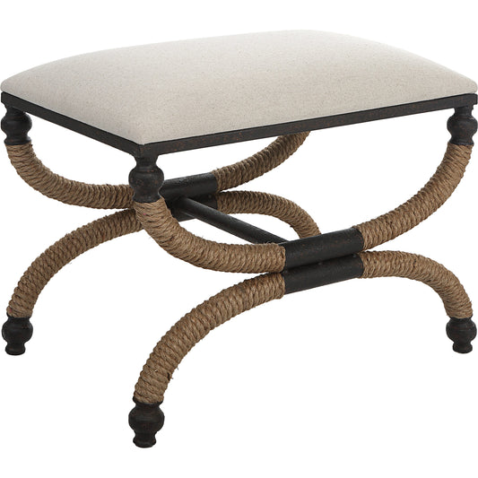 Icaria Bench by Uttermost in oatmeal and iron. Made from foam, mdf, fabric, iron, rope in a coastal style.