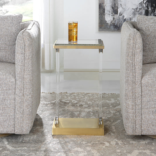 Muse Accent Table by Uttermost in antique brushed brass. Made from acrylic, glass, metal in a modern style.