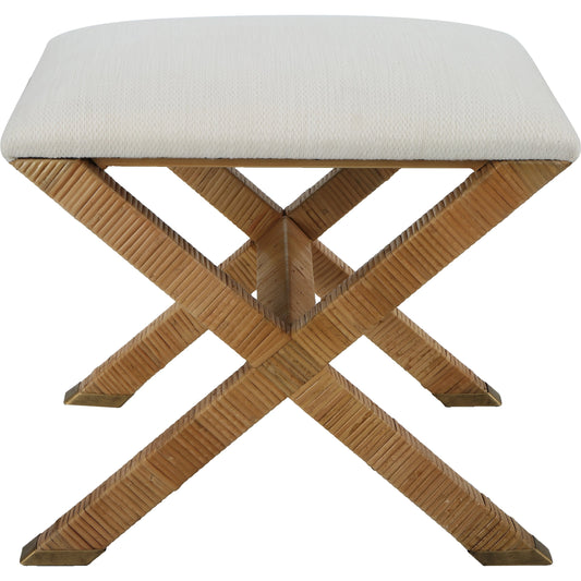 St. Tropez Bench by Uttermost in white and natural rattan. Made from iron, fir, rattan, foam, fabric, mdf in a coastal style.
