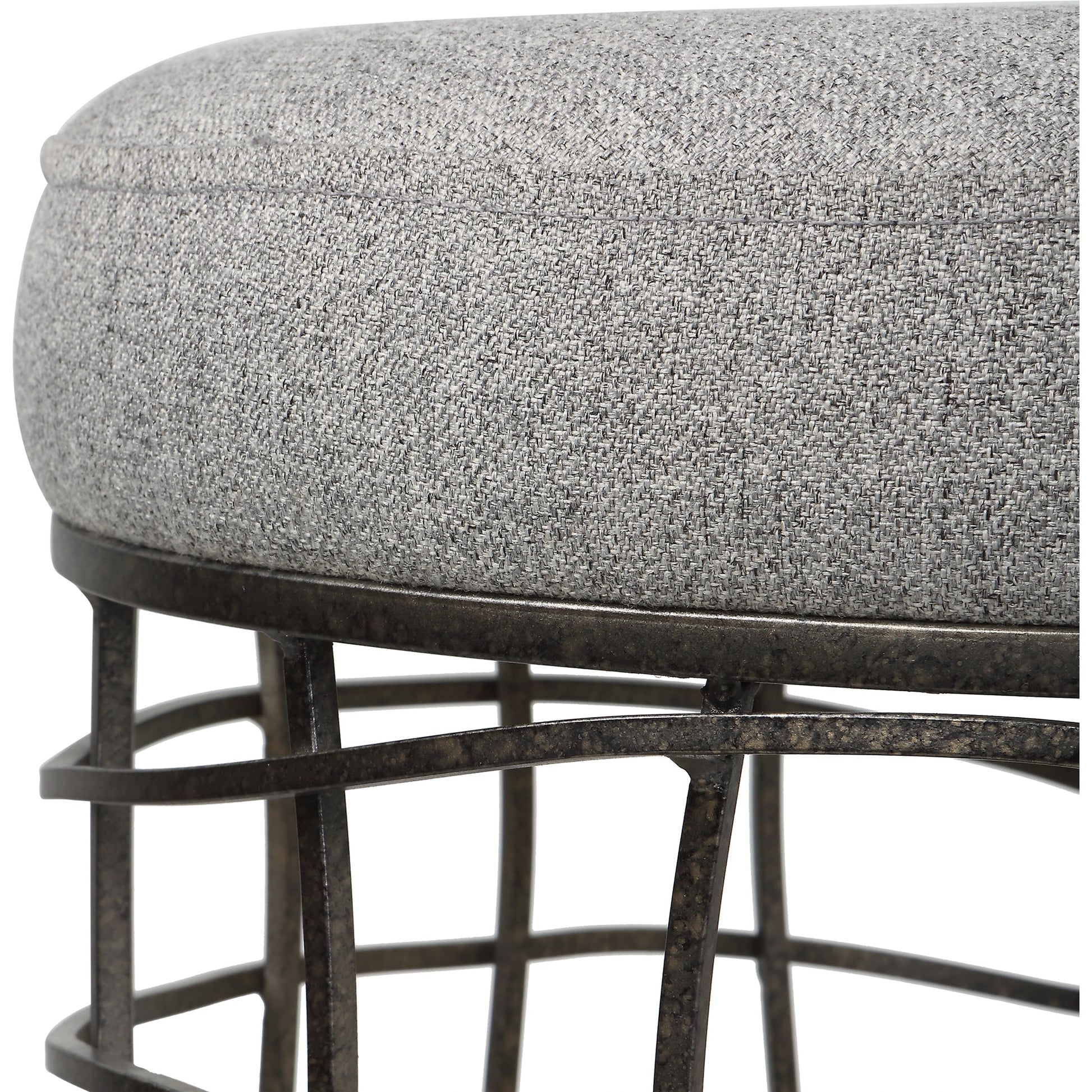 Carnival Accent Stool by Uttermost in gray and burnished silver. Made from iron, foam, fabric, mdf in a modern style.