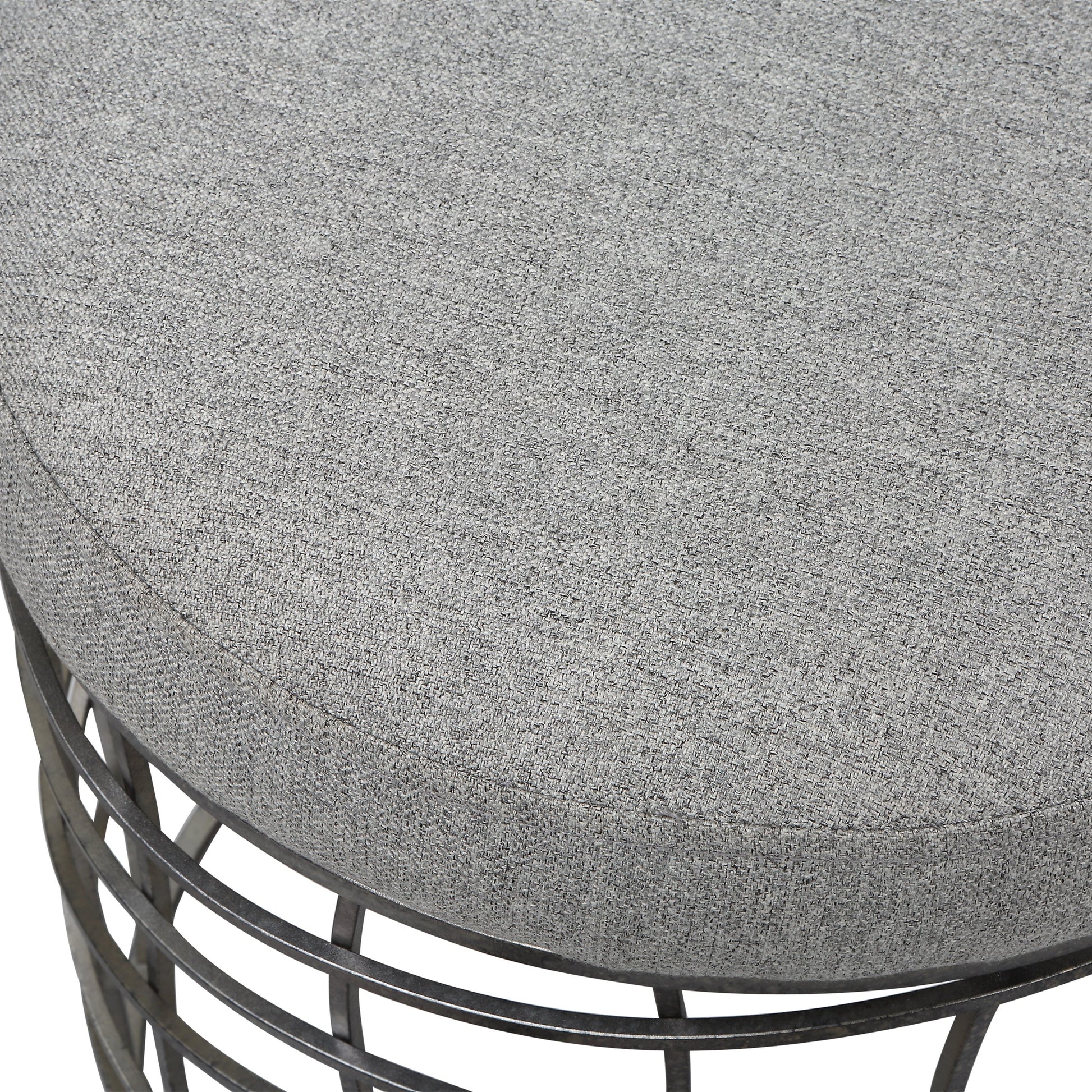 Carnival Accent Stool by Uttermost in gray and burnished silver. Made from iron, foam, fabric, mdf in a modern style.