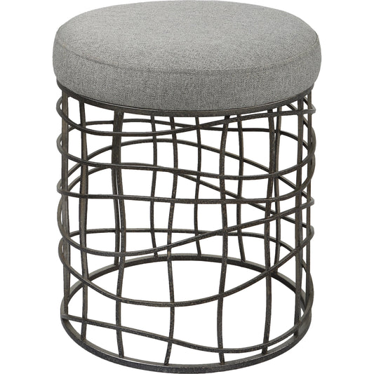 Carnival Accent Stool by Uttermost in gray and burnished silver. Made from iron, foam, fabric, mdf in a modern style.