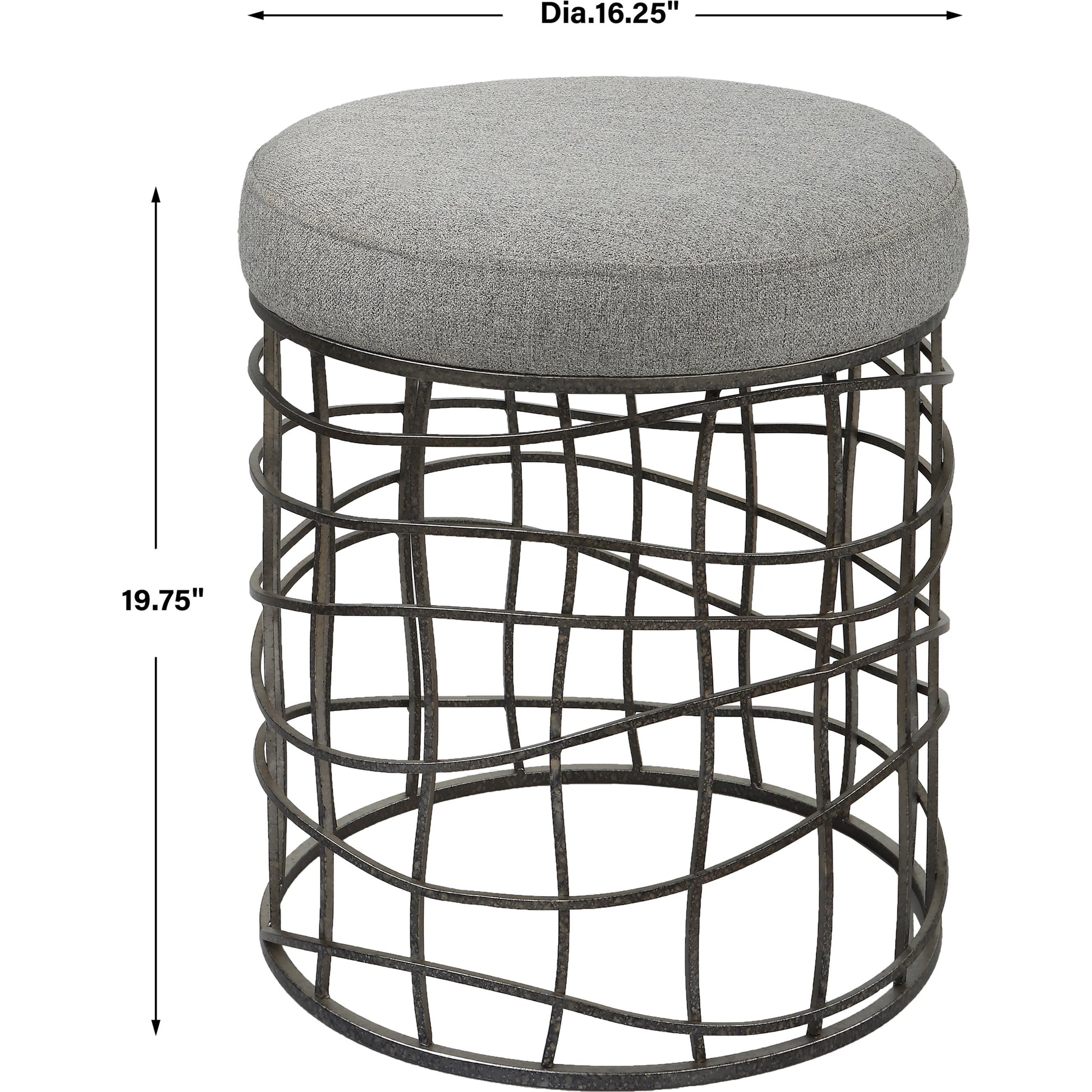 Carnival Accent Stool by Uttermost in gray and burnished silver. Made from iron, foam, fabric, mdf in a modern style.