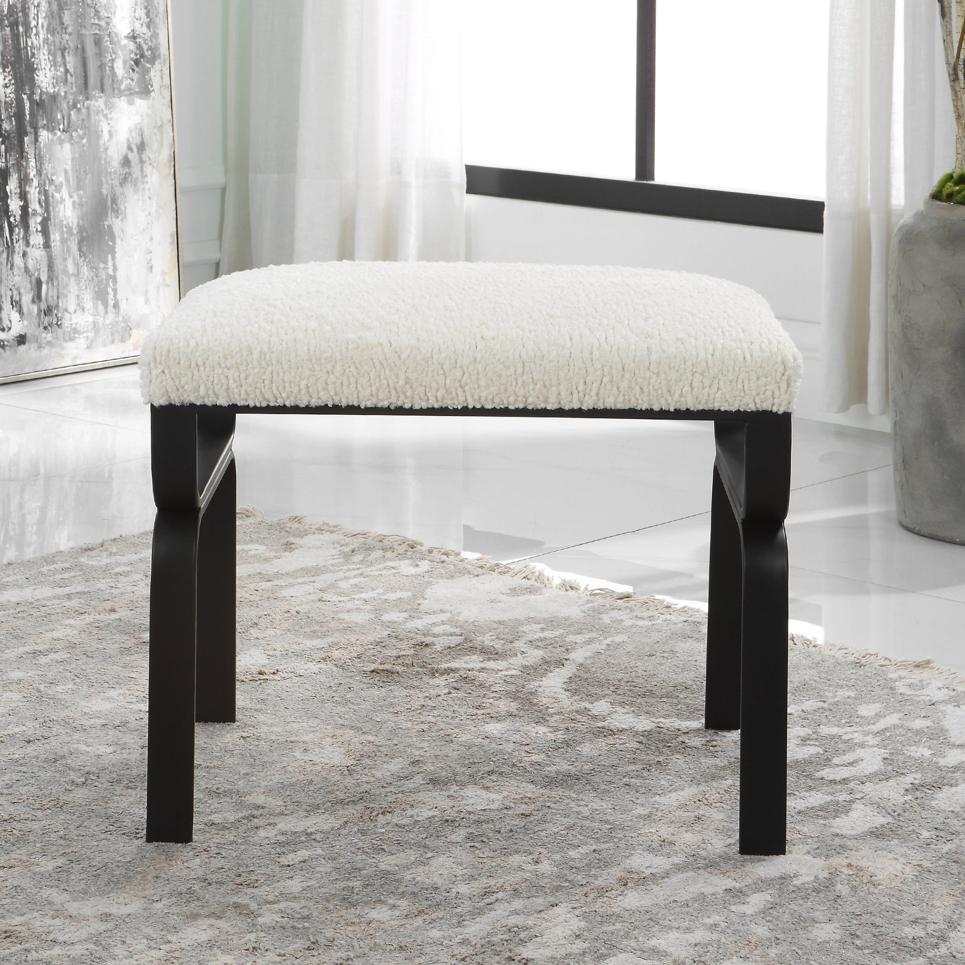 Diverge Bench by Uttermost in white and satin black. Made from iron, foam, fabric, mdf in a modern style.