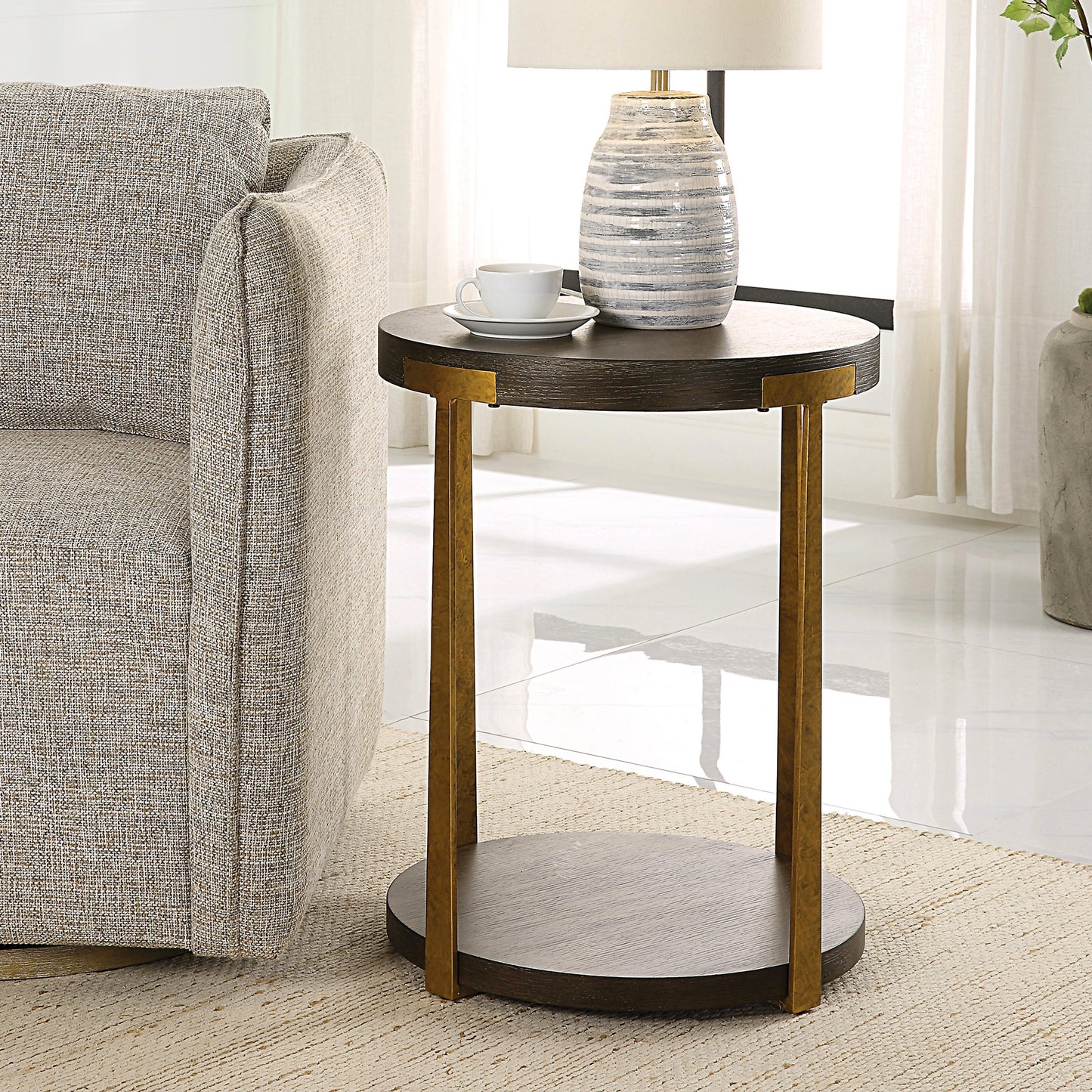 008 SI-1981379 | Lifestyle | Palisade Side Table by Uttermost in coffee, antique gold. Made from mdf, metal, veneer in a modern style.