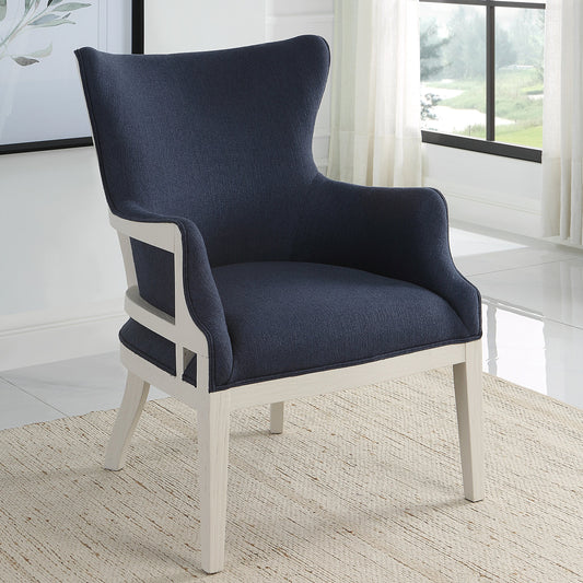 Gordonston Accent Chair by Uttermost in blue and blue. Made from rubber wood, plywood, plyfoam, fabric in a modern style.
