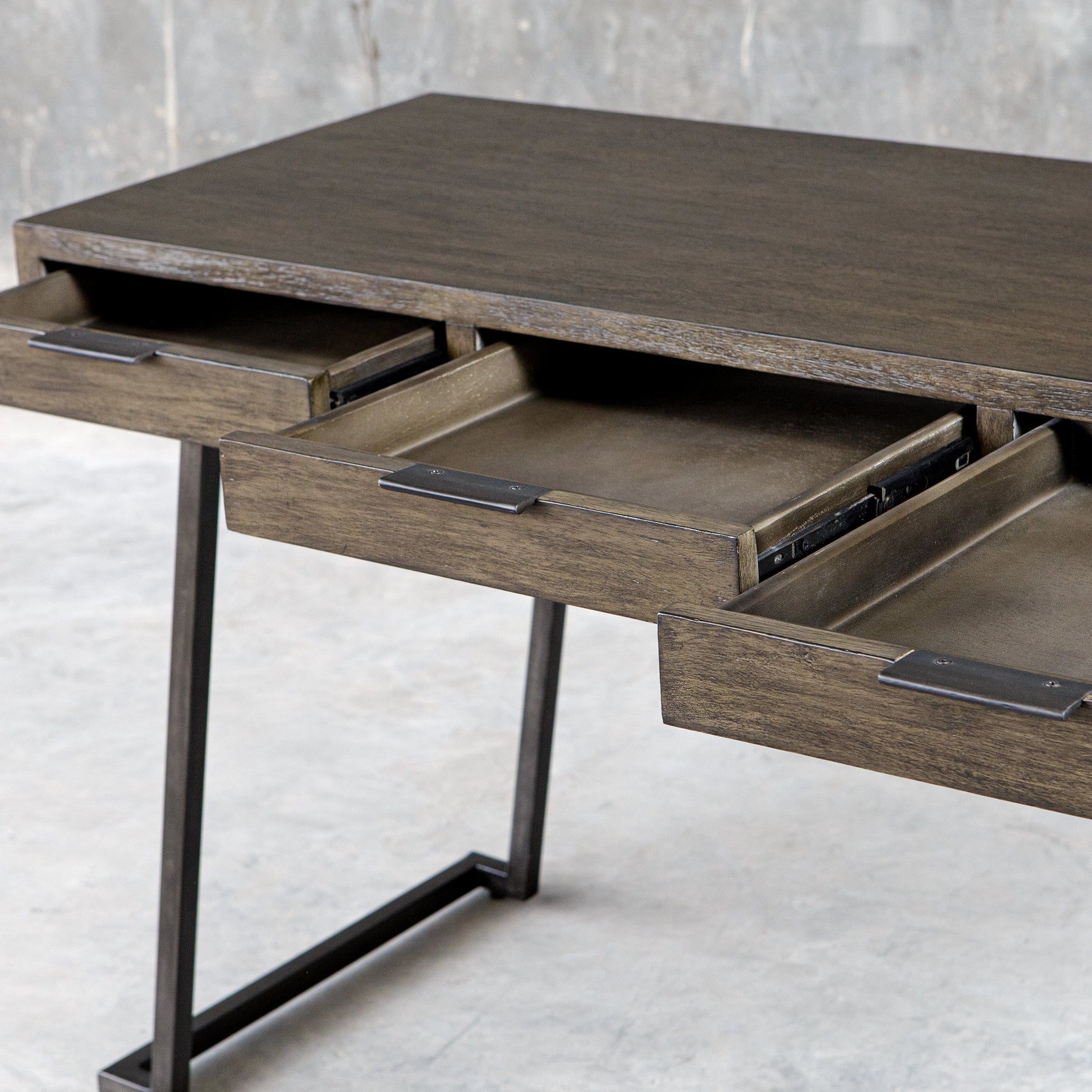 Comrade Desk by Uttermost in natural mango, light gray. Made from java mix wood, veneer, metal, plywood in a transitional style.