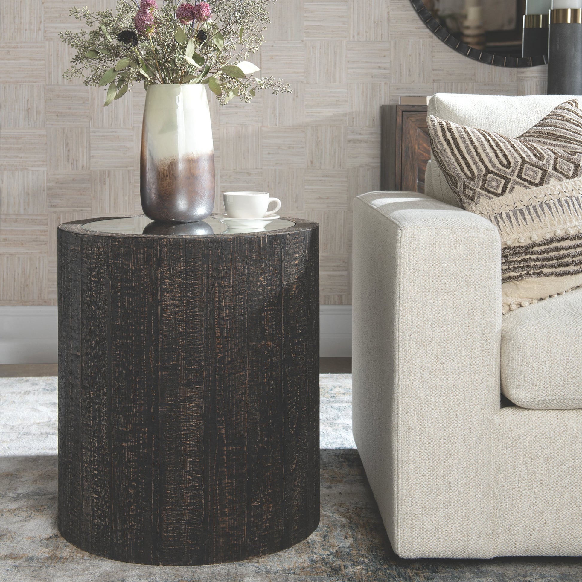 Sequoia Drum Table by Uttermost in dark walnut. Made from fir wood, plywood, mirror in a cottage & farmhouse style.