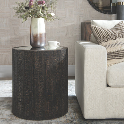 Sequoia Drum Table by Uttermost in dark walnut. Made from fir wood, plywood, mirror in a cottage & farmhouse style.