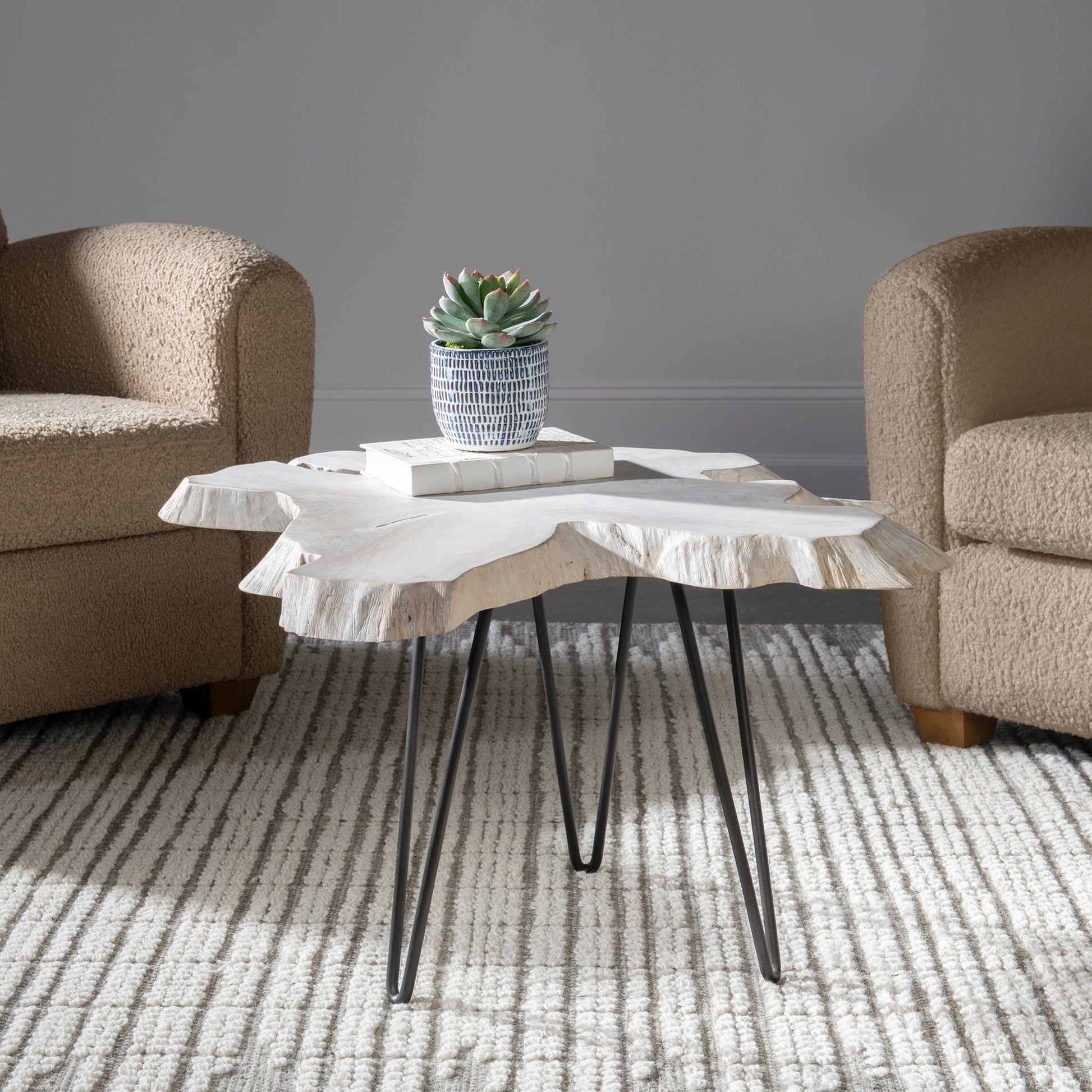 Trillium Coffee Table by Uttermost in bleached. Made from teak root with metal in a modern style.