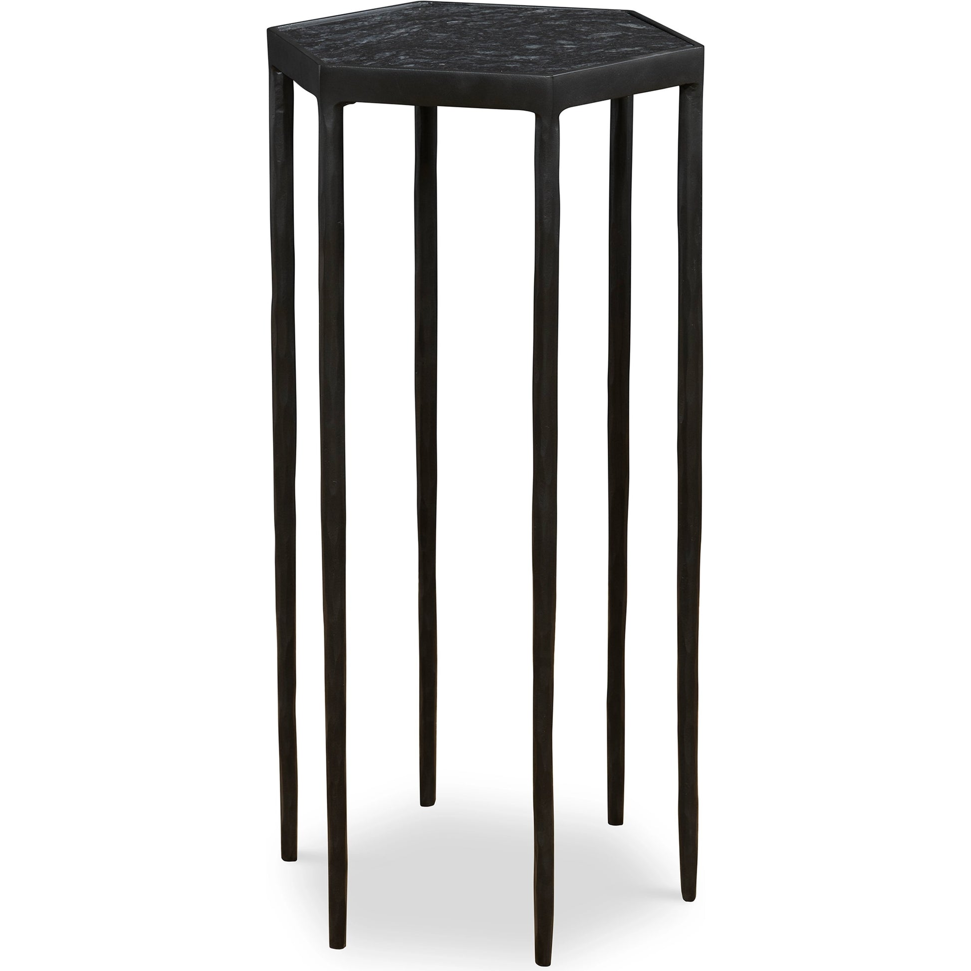 Aviary Hexagonal Accent Table by Uttermost in satin black, honed black marble. Made from marble, iron in a modern style.