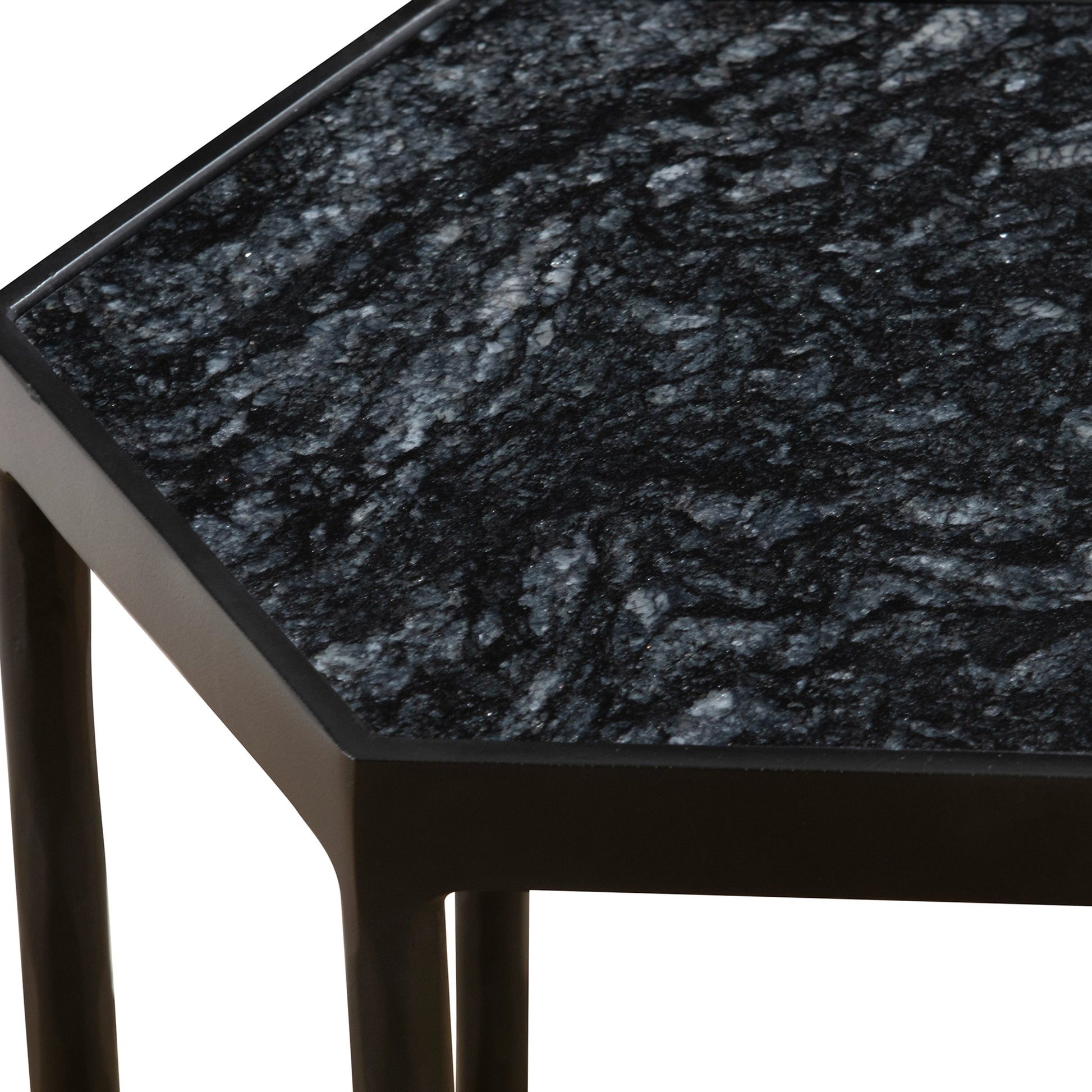 Aviary Hexagonal Accent Table by Uttermost in satin black, honed black marble. Made from marble, iron in a modern style.