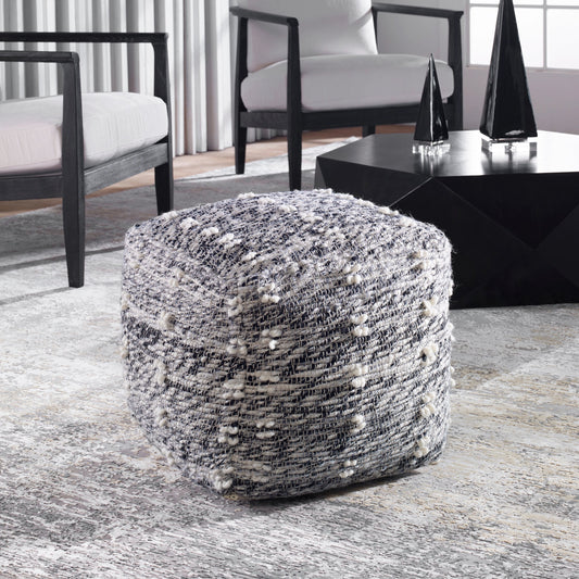 Narol Pouf by Uttermost in charcoal, black, white and black. Made from polyester, cotton, wool in a traditional style.