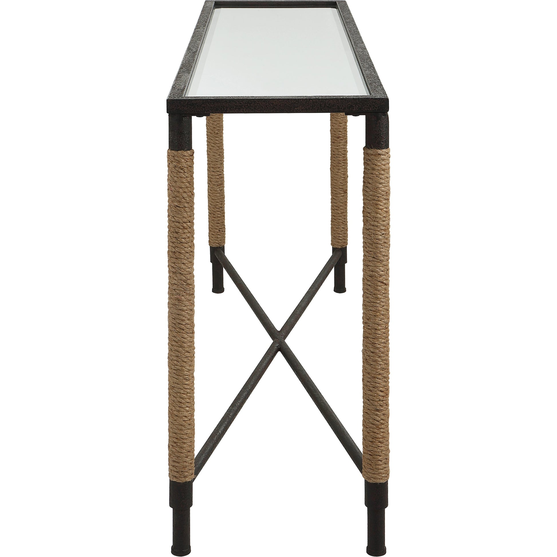 Braddock Console Table by Uttermost in natural, iron. Made from iron, mdf, mirror, rope in a modern style.