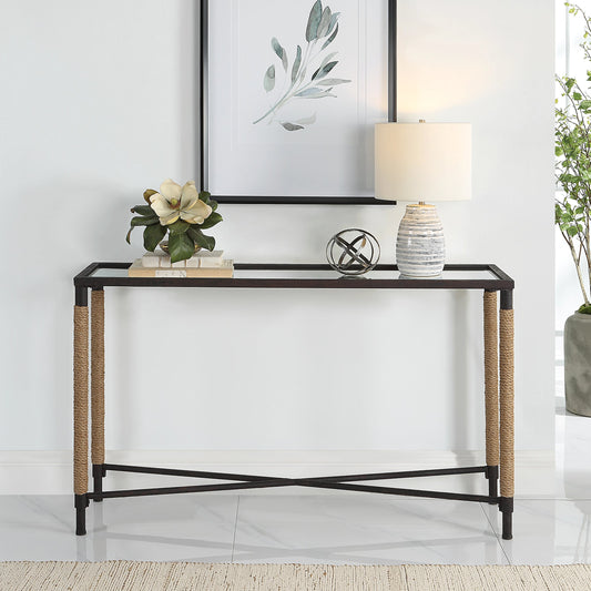Braddock Console Table by Uttermost in natural, iron. Made from iron, mdf, mirror, rope in a modern style.