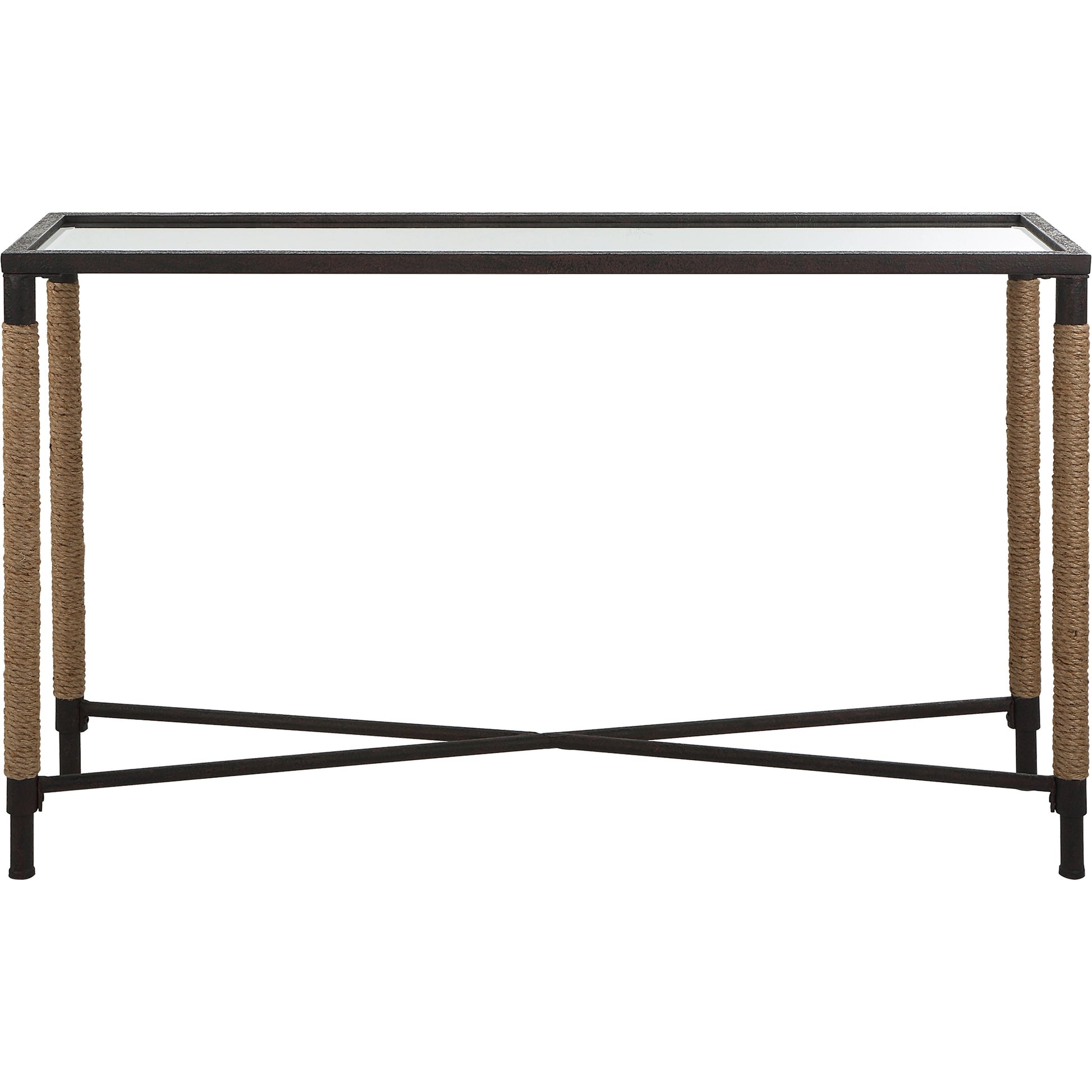 Braddock Console Table by Uttermost in natural, iron. Made from iron, mdf, mirror, rope in a modern style.