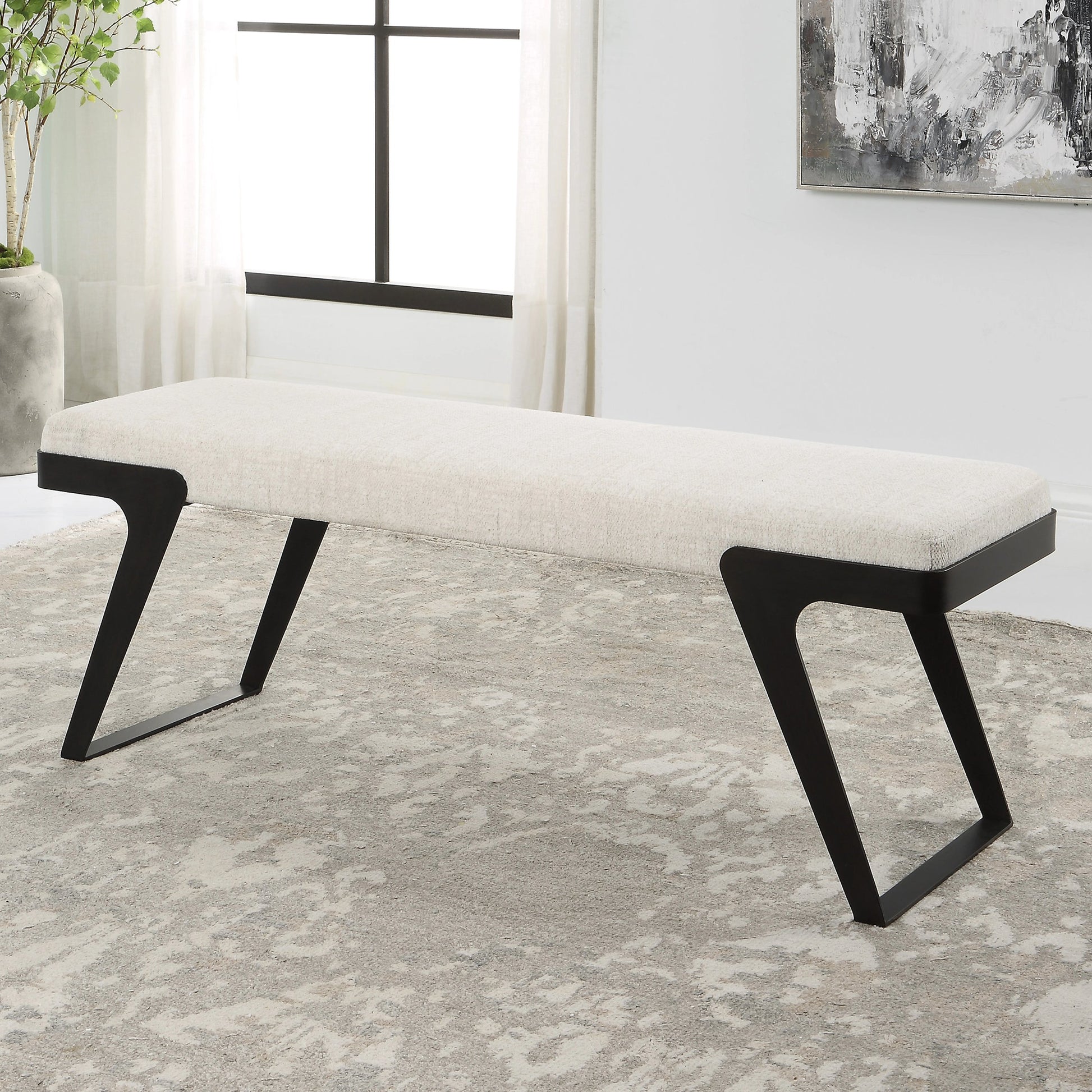Hover Bench by Uttermost in white and black. Made from iron, mdf, foam, fabric in a modern style.