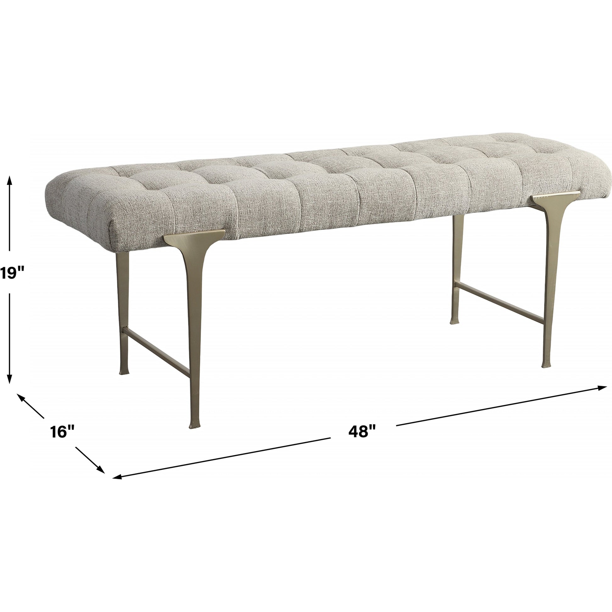 Imperial Bench by Uttermost in light gray and satin champagne. Made from iron, mdf, polyester, foam in a modern style.