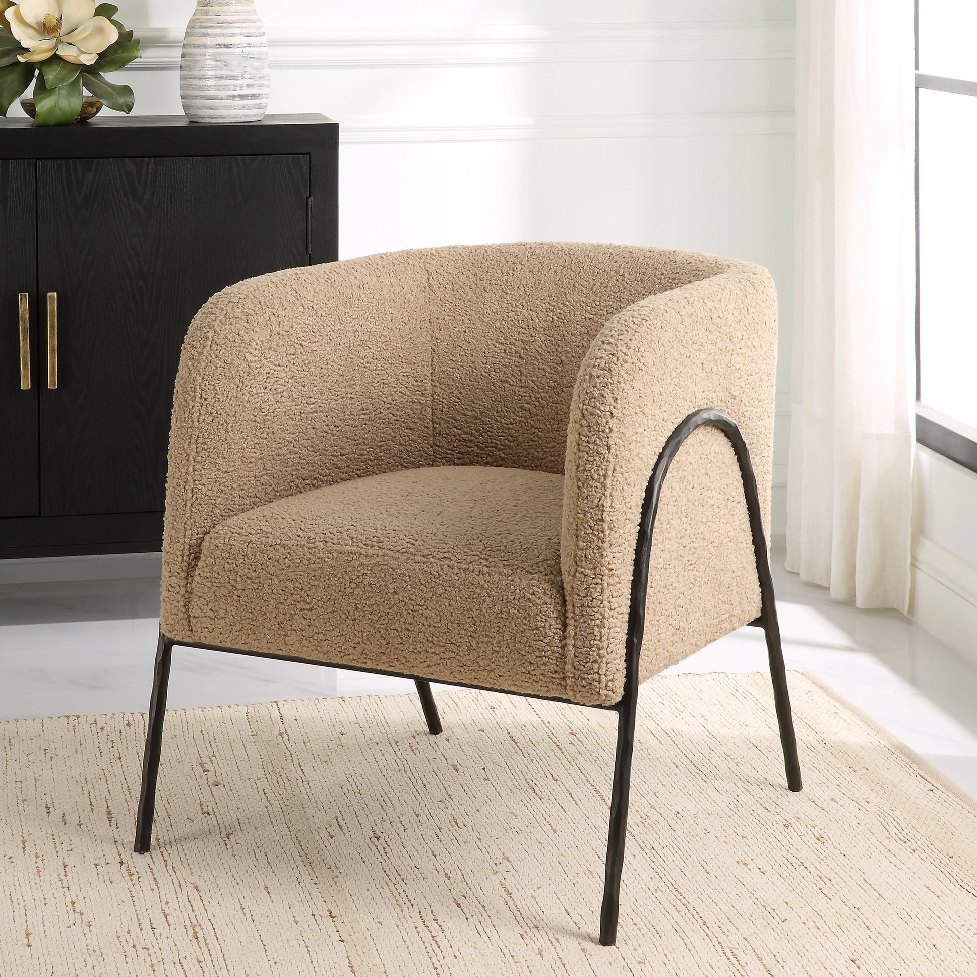 Jacobsen Shearling Accent Chair by Uttermost. Made from fabric, foam, plywood, iron in a modern style.