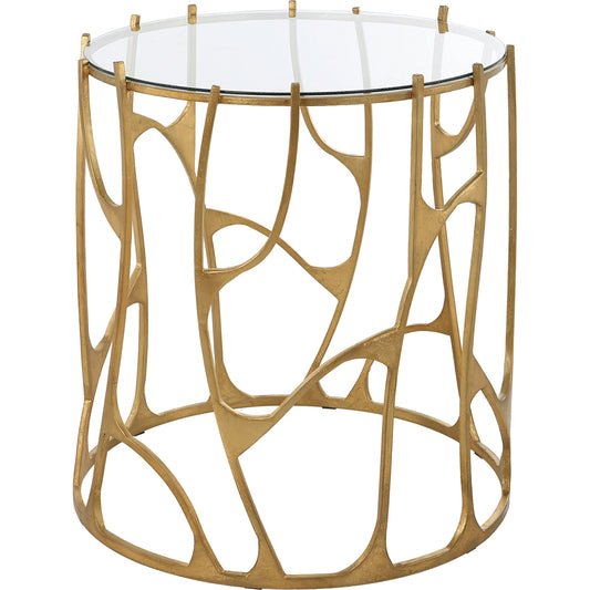 Ritual Side Table by Uttermost in aged gold leaf. Made from glass, iron in a modern style.