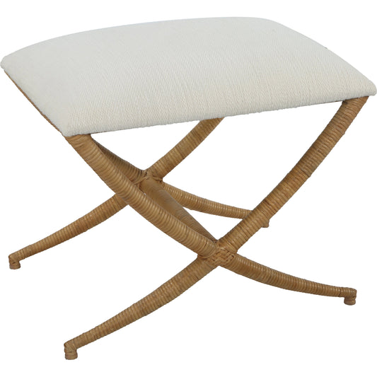 Expedition Bench by Uttermost in white. Made from iron, rattan, mdf, foam, fabric in a coastal style.