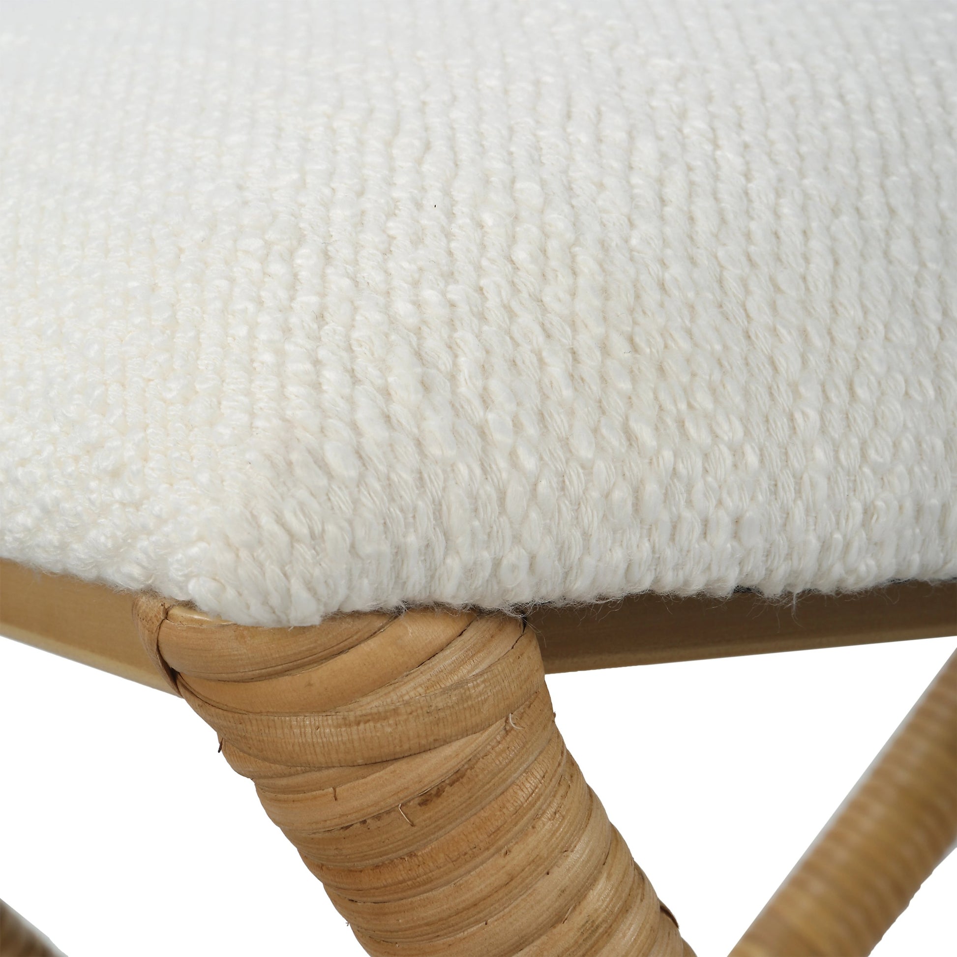 Expedition Bench by Uttermost in white. Made from iron, rattan, mdf, foam, fabric in a coastal style.