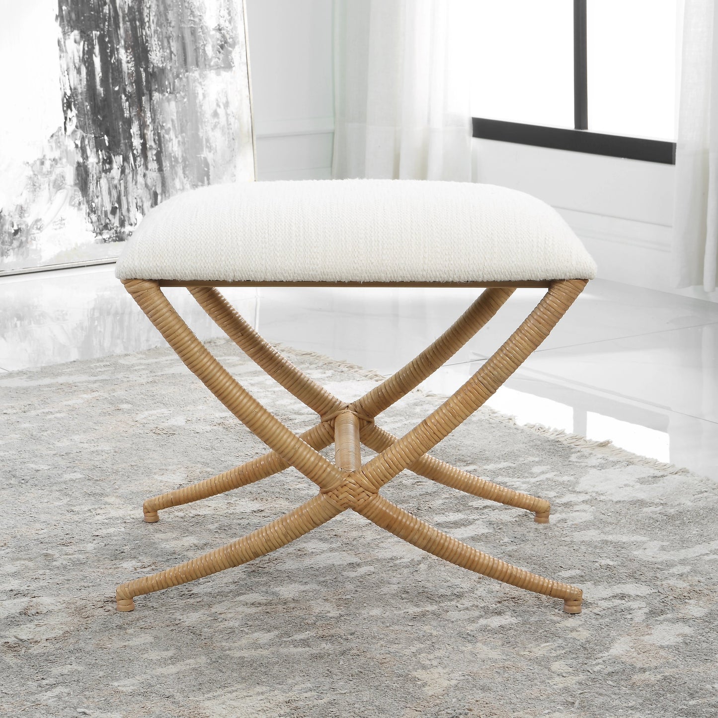 006 SI-1981324 | Lifestyle | Expedition Bench by Uttermost in white. Made from iron, rattan, mdf, foam, fabric in a coastal style.