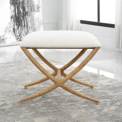 Expedition Bench by Uttermost in white. Made from iron, rattan, mdf, foam, fabric in a coastal style.