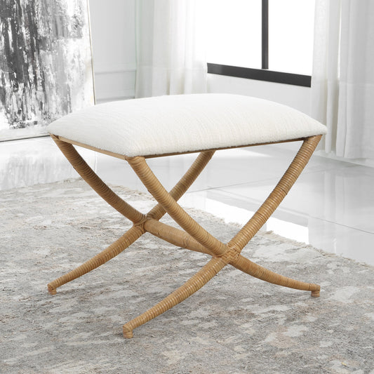 Expedition Bench by Uttermost in white. Made from iron, rattan, mdf, foam, fabric in a coastal style.
