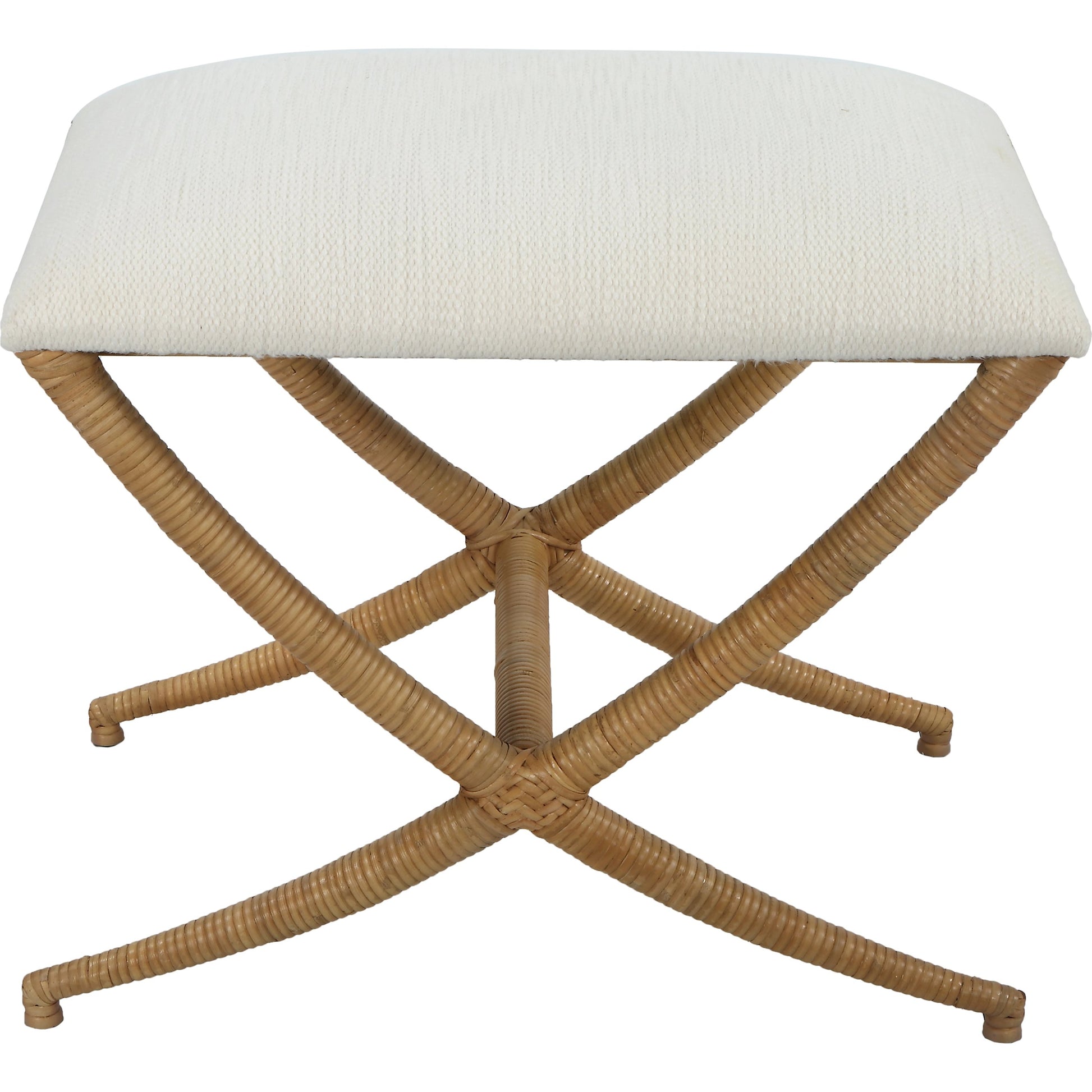 Expedition Bench by Uttermost in white. Made from iron, rattan, mdf, foam, fabric in a coastal style.
