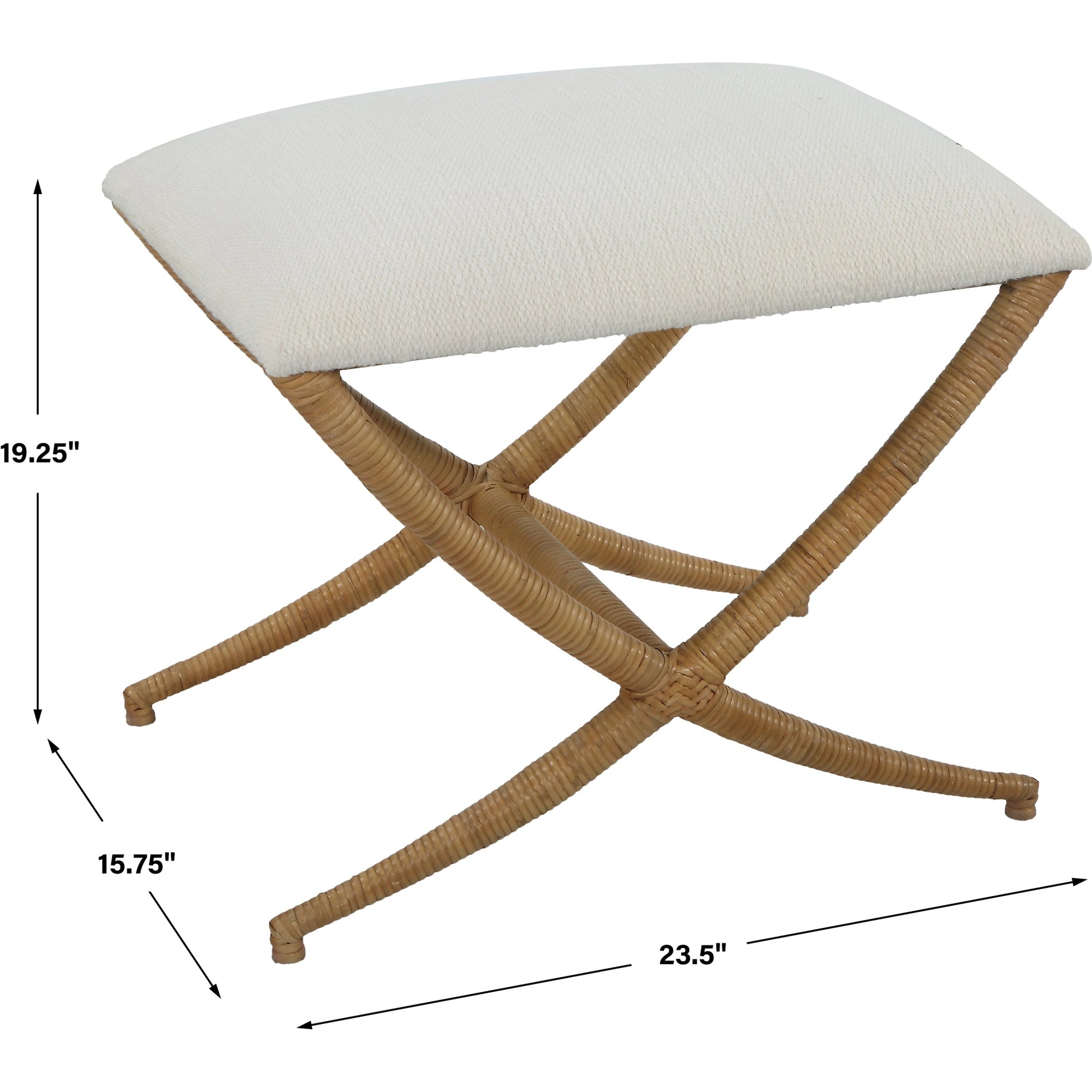 Expedition Bench by Uttermost in white. Made from iron, rattan, mdf, foam, fabric in a coastal style.