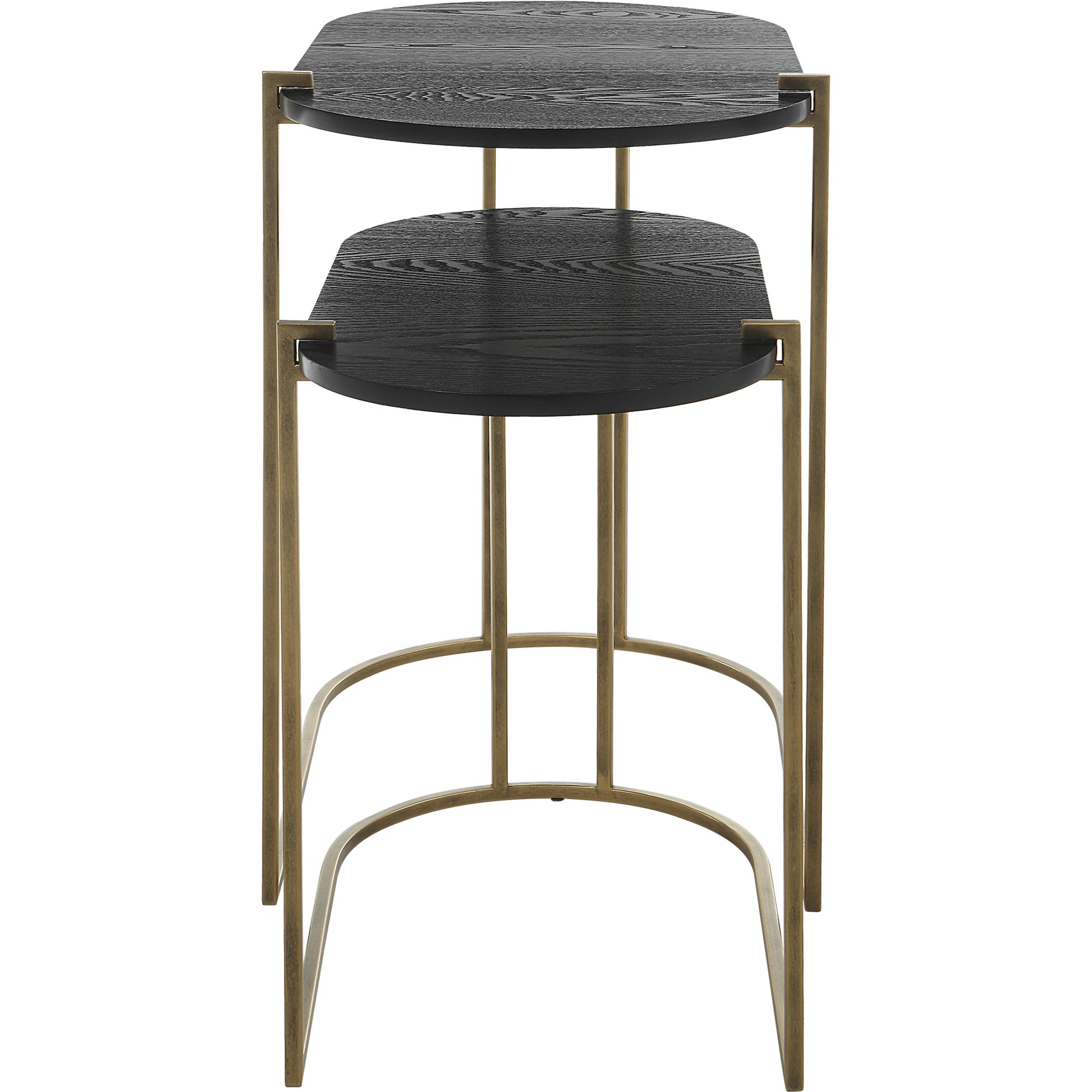 Aztec Nesting Tables by Uttermost in antique brass, ebony. Made from iron, mdf, ash in a modern style.