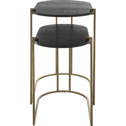 Aztec Nesting Tables by Uttermost in antique brass, ebony. Made from iron, mdf, ash in a modern style.
