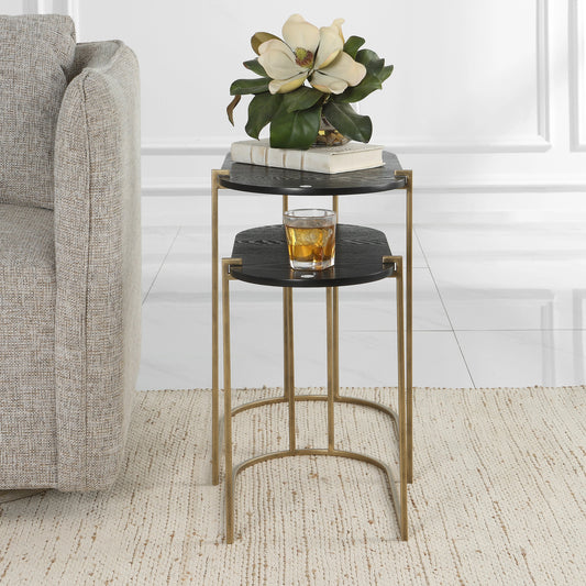Aztec Nesting Tables by Uttermost in antique brass, ebony. Made from iron, mdf, ash in a modern style.