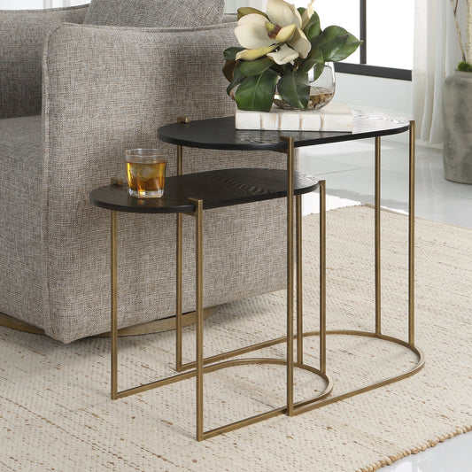 Aztec Nesting Tables by Uttermost in antique brass, ebony. Made from iron, mdf, ash in a modern style.
