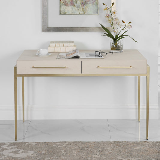 Jewel Desk by Uttermost in white and gold leaf. Made from mdf, metal, pu leather in a modern style.